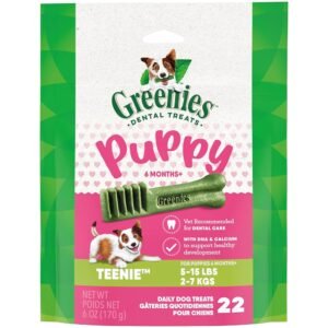Greenies Puppy Teenie Size Natural Dental Dog Treats, 6 oz. Pouch (22 Treats) Greenies Puppy Teenie Size Natural Dental Dog Treats, 6 oz. Pouch (22 Treats)
