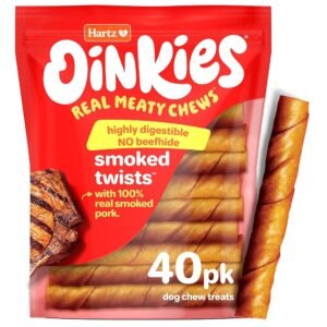 Hartz Oinkies Smoked Twists with Naturally Smoked Pork Rawhide-Free Dog Treats, Highly Digestible Long Lasting Dog Chews, 40 Count Hartz Oinkies Smoked Twists with Naturally Smoked Pork Rawhide-Free Dog Treats, Highly Digestible Long Lasting Dog Chews, 40 Count