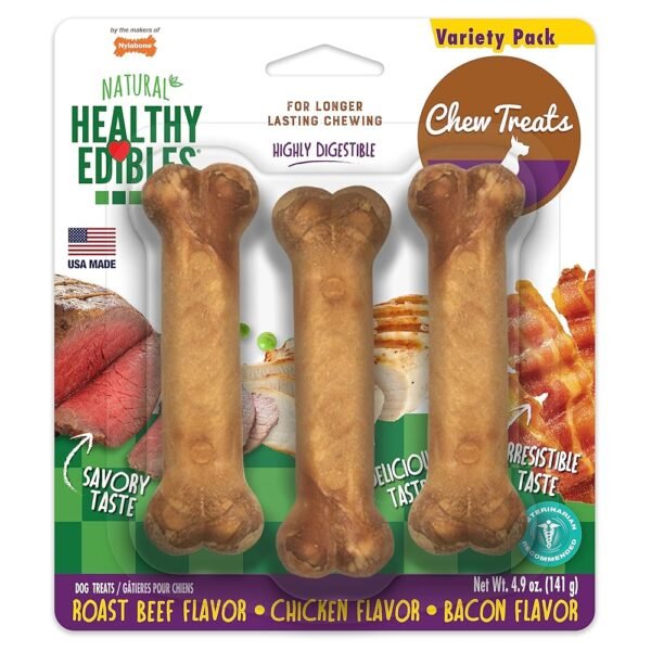 Nylabone Healthy Edibles Natural Dog Chews Long Lasting Roast Beef, Chicken & Bacon Flavor Treats for Dogs, Small/Regular (3 Count) Nylabone Healthy Edibles Natural Dog Chews Long Lasting Roast Beef, Chicken & Bacon Flavor Treats for Dogs, Small/Regular (3 Count)